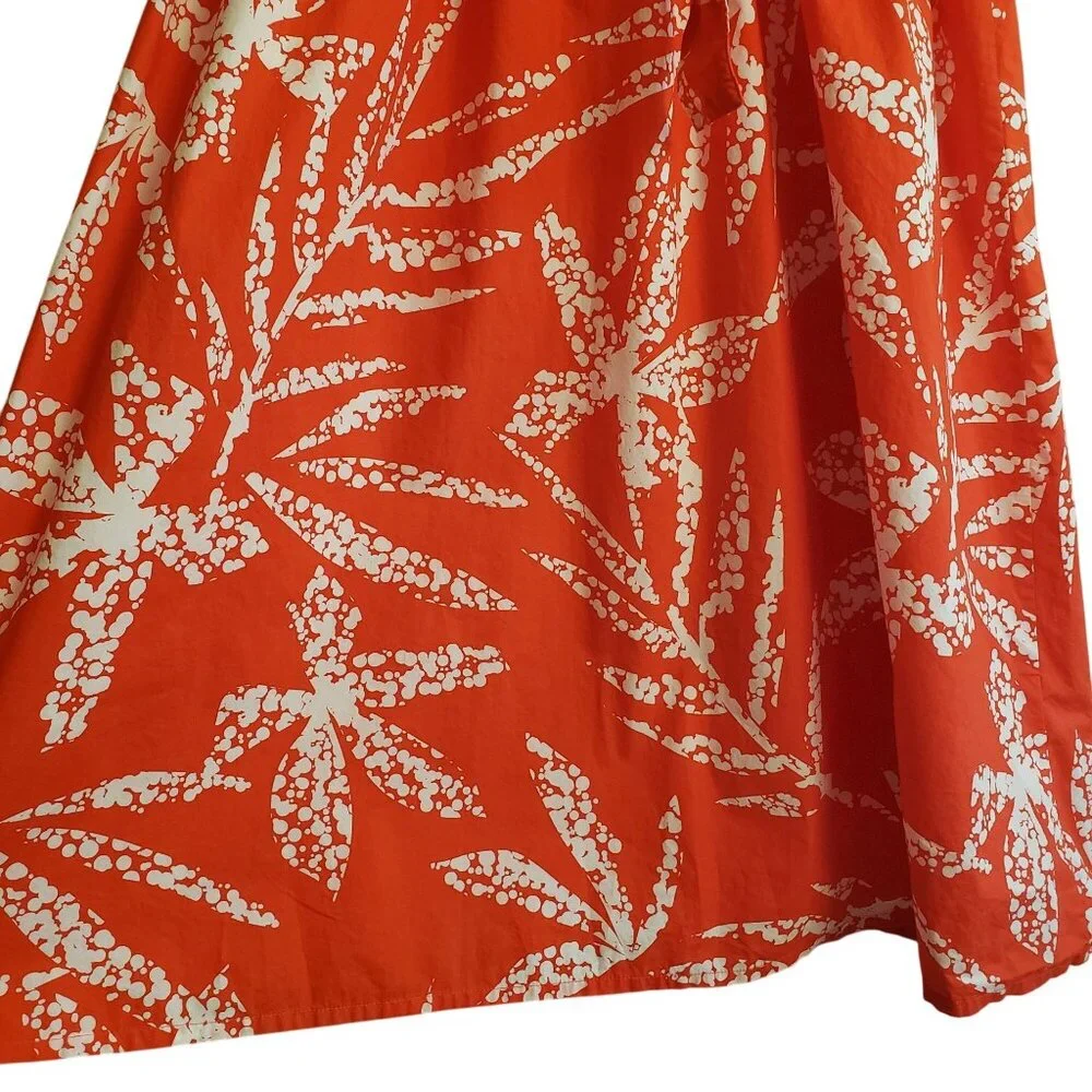 DKNY Red-Orange Print Shirt Dress 12 White Leaf Print Cotton Midi - Picture 10 of 12